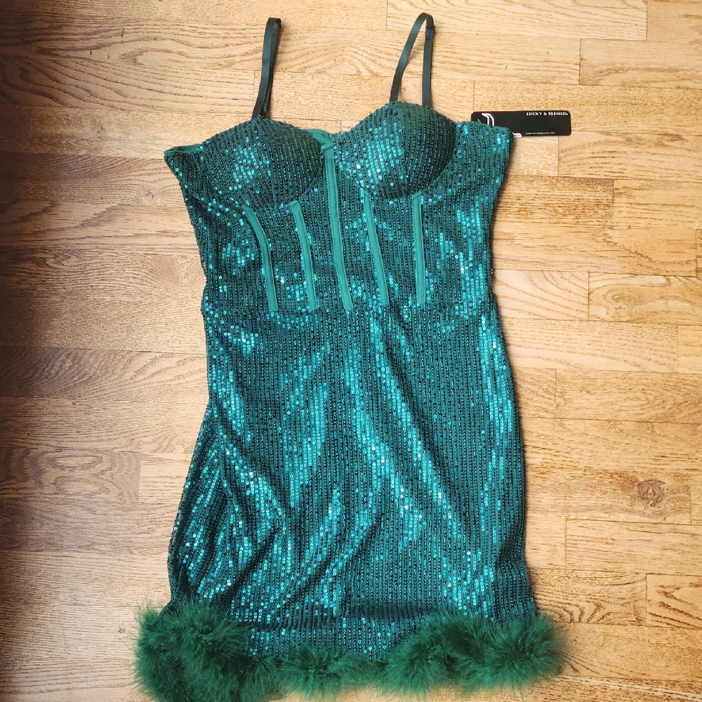 (M) Lucky & Blessed Green Sequin Mini Dress Glitz Glam Nightout Fancy Fitted